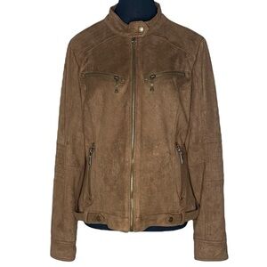 ODYN Dark Tan Brown Faux Suede Microsuede Moto Jacket Zippers Size Large